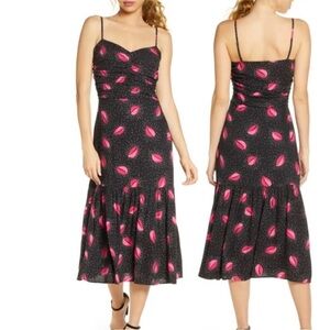 Ali & Jay Ariel Dress Midi Novelty Print Lips Sexy Black Pink XS Ruched Dot